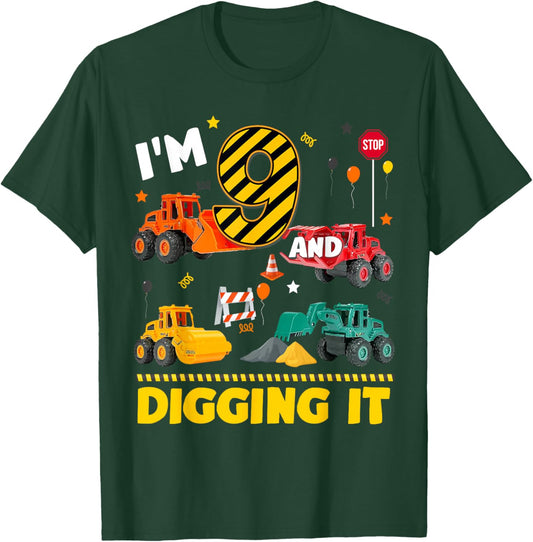 9th Birthday Construction Boy I'm 9 Years Old And Digging It T-Shirt - T-Shirt | Forest