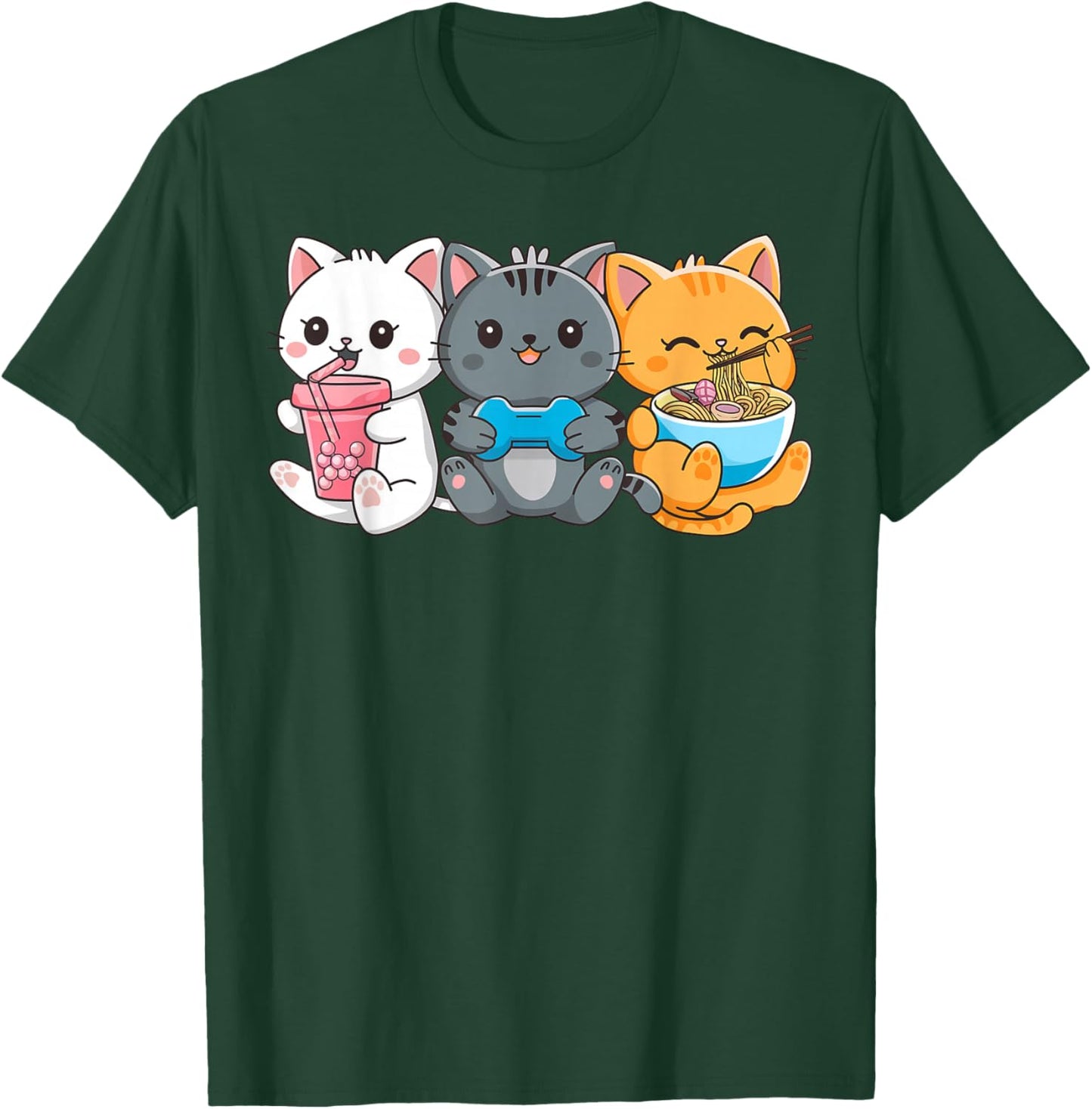 Anime Cat Boba Tea Gaming Ramen Cats Gifts Women Kid T-Shirt - T-Shirt | Forest