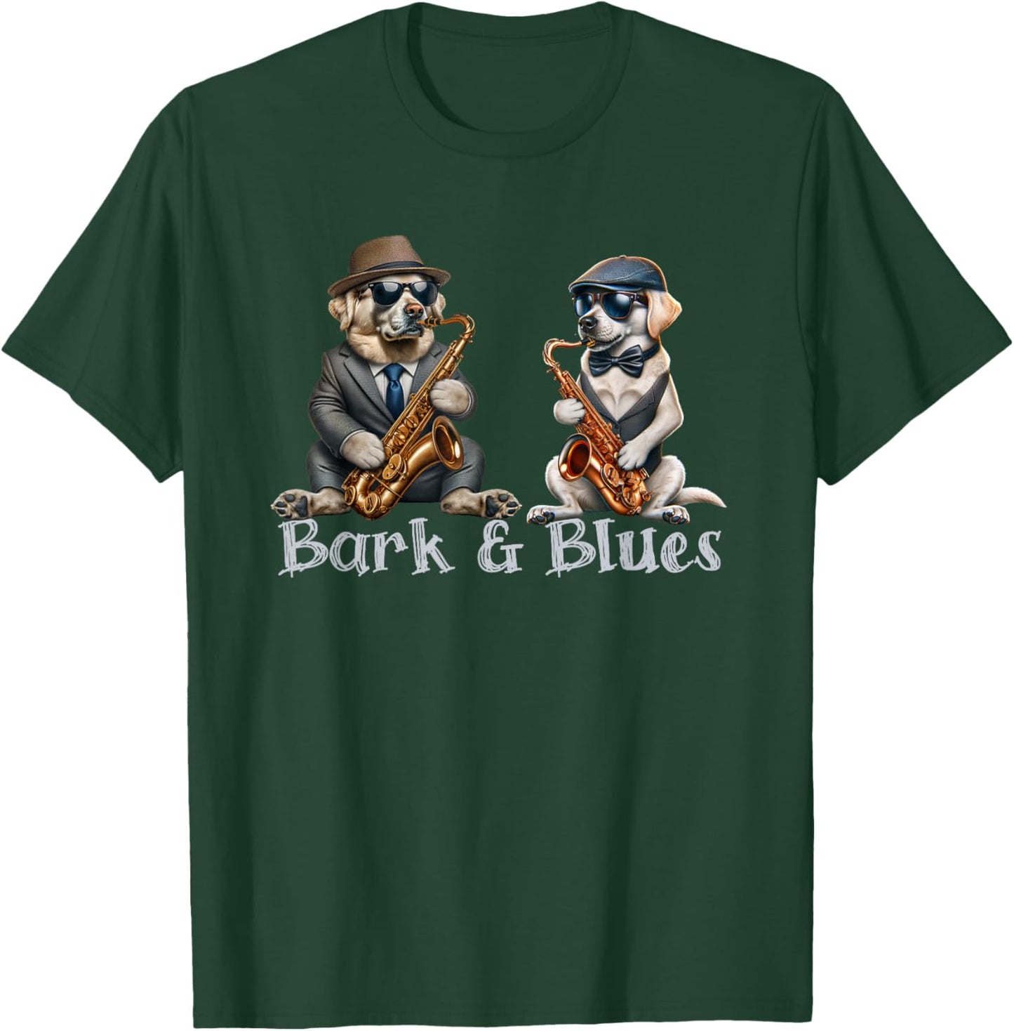 Funny Dogs Playing Saxophone Barks and Blues Jazz Lover T-Shirt - T-Shirt | Forest