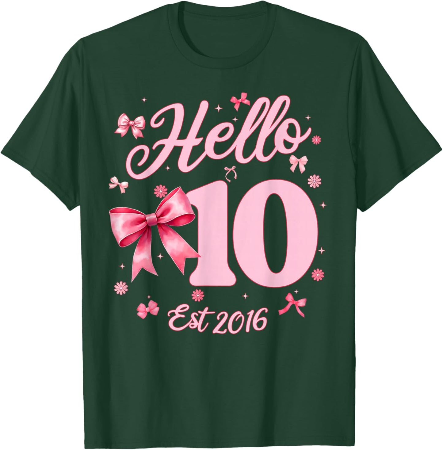 10th Birthday Girl Coquette Bow Hello Ten Est 2016 10 Yr Old T-Shirt - T-Shirt | Forest