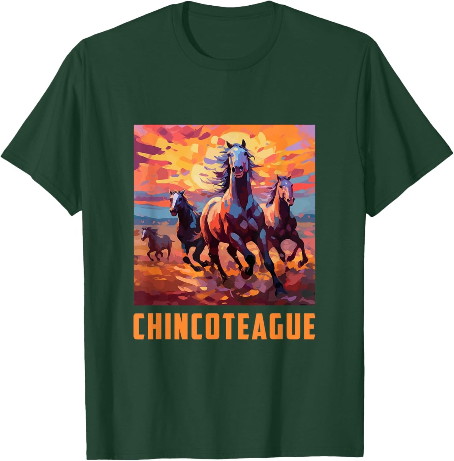 Colorful Watercolor Wild Horse Graphic Chincoteague Virginia T-Shirt - T-Shirt | Forest
