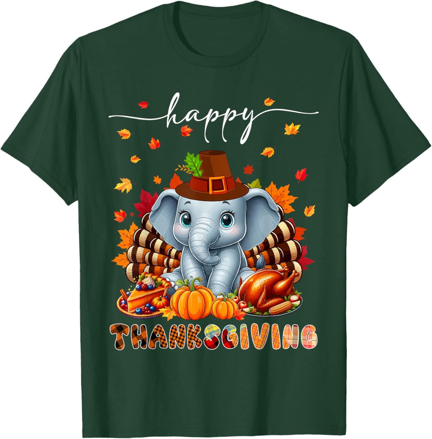 Happy Thanksgiving Elephant Costume Turkey Fall Leaves Food T-Shirt - T-Shirt | Forest
