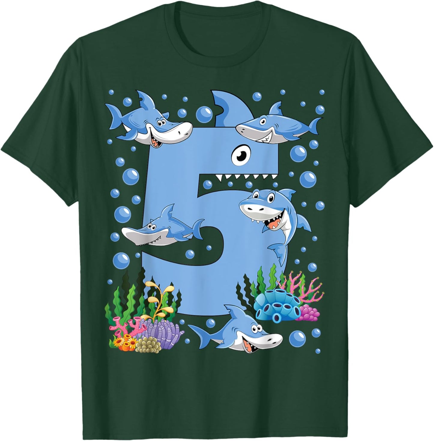 Kids 5 Years Old Shark Ocean Theme 5th Birthday Boy Party T-Shirt - T-Shirt | Forest