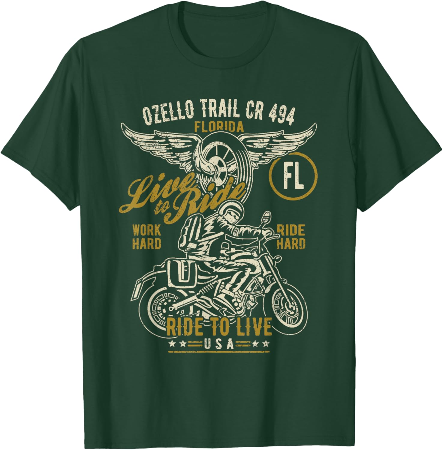 Ozello Trail CR 434 FL USA Motorcycle Distressed Design T-Shirt - T-Shirt | Forest