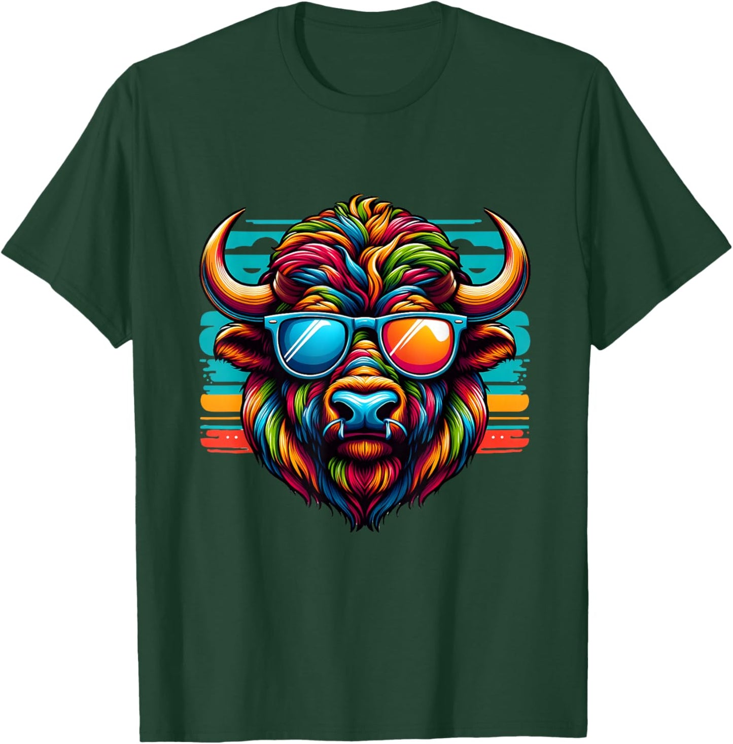 Colorful Art Bison Buffalo Wearing Sunglasses Cheerful Color T-Shirt - T-Shirt | Forest