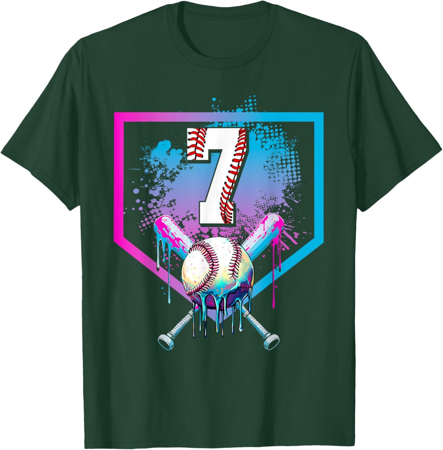 Baseball Drip 7th Birthday Home Plate Boys Youth 7 Year Old T-Shirt - T-Shirt | Forest
