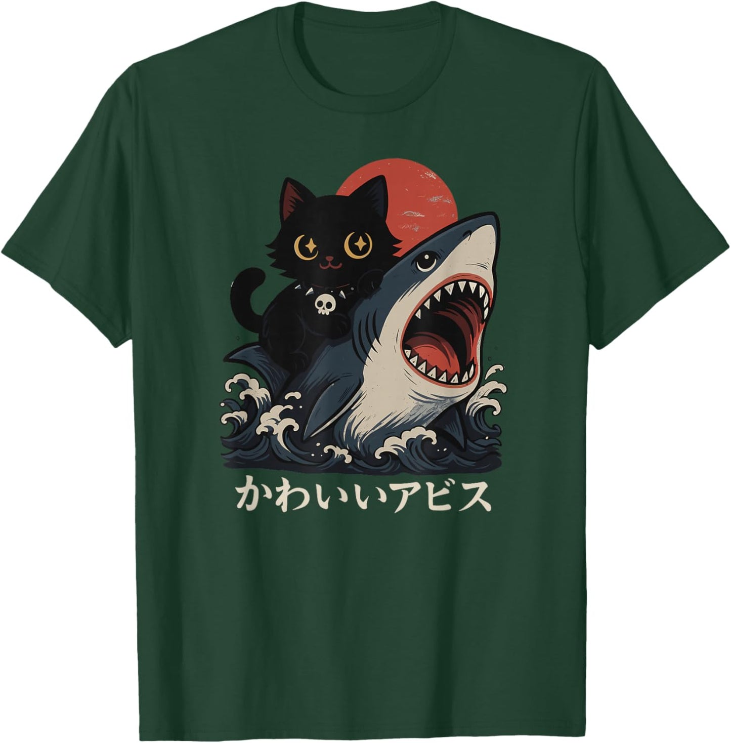 Kawaii Cat Shark Japanese Cute Dark Ocean Wave Anime T-Shirt - T-Shirt | Forest