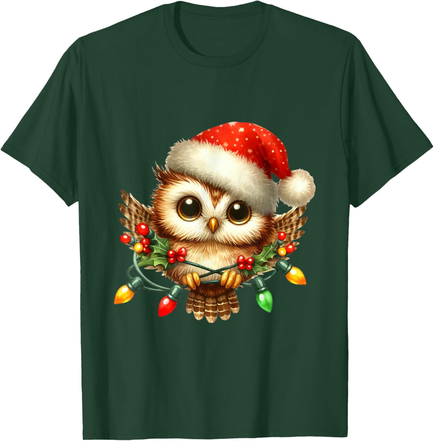 Owl Christmas Lights Santa Hat Xmas Owl Lover T-Shirt - T-Shirt | Forest