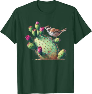 Cactus Wren & Prickly Pear Watercolor Art , Small, Black T-Shirt - T-Shirt | Forest