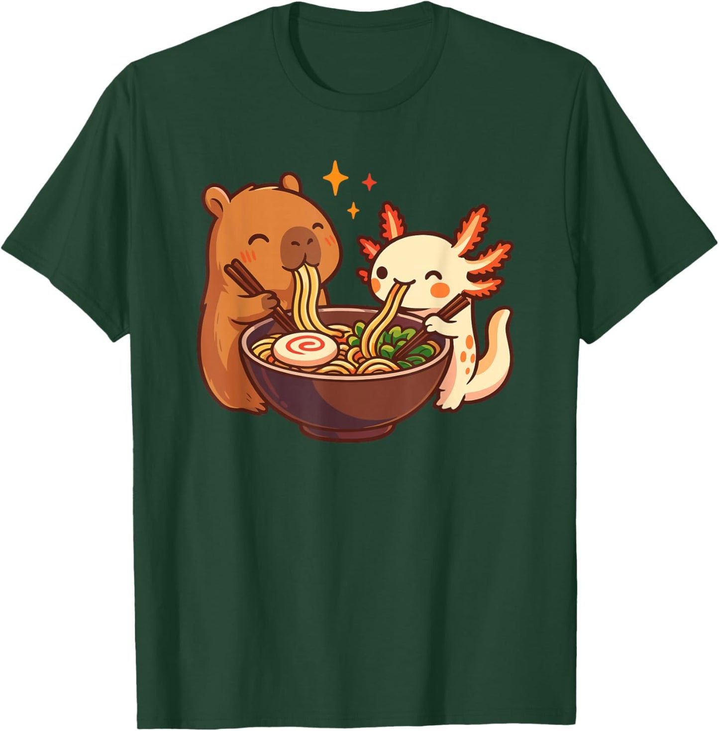 Capybara with Axolotl Eats Noodles Ramen Kawaii T-Shirt - T-Shirt | Forest