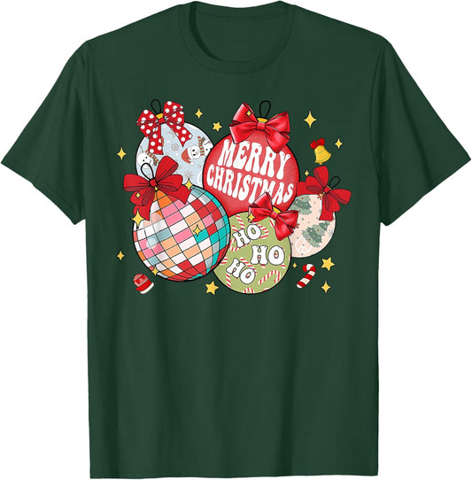 Merry Christmas Ornaments Disco Ball Coquette Bow Xmas Tree T-Shirt - T-Shirt | Forest