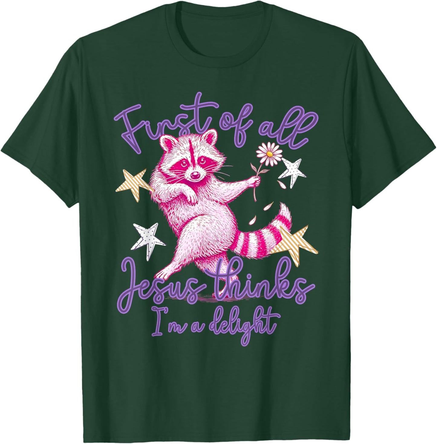 First of All Jesus Thinks I'm A Delight Raccoon Striped T-Shirt - T-Shirt | Forest