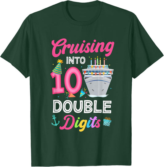 Cruising Into 10 Year Old Birthday Decorations Double Digits T-Shirt - T-Shirt | Forest