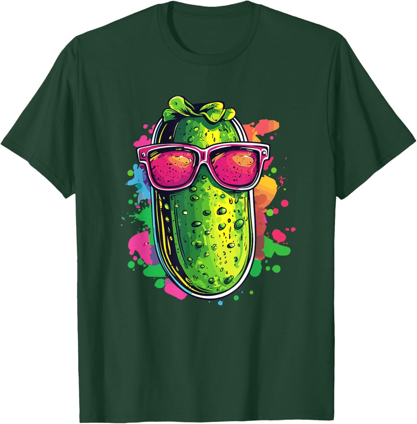 Funny Cool Pickle with Sunglasses Splash Colors T-Shirt - T-Shirt | Forest