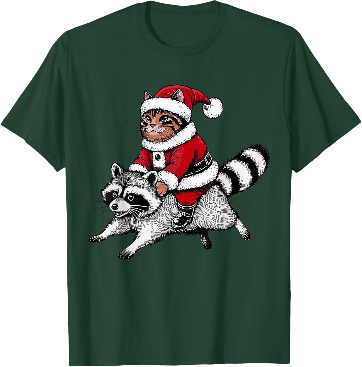 Santa Cat Riding A Raccoon Christmas Men Women Kids T-Shirt - T-Shirt | Forest