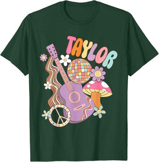Girl Retro Taylor First Name Personalized Groovy 80's T-Shirt - T-Shirt | Forest