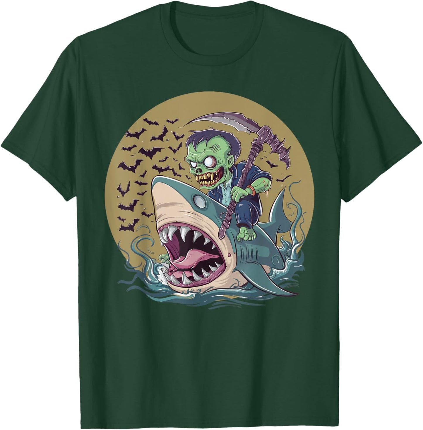 Funny Halloween Zombie Riding Shark Men Women Kid Girls Boys T-Shirt - T-Shirt | Forest
