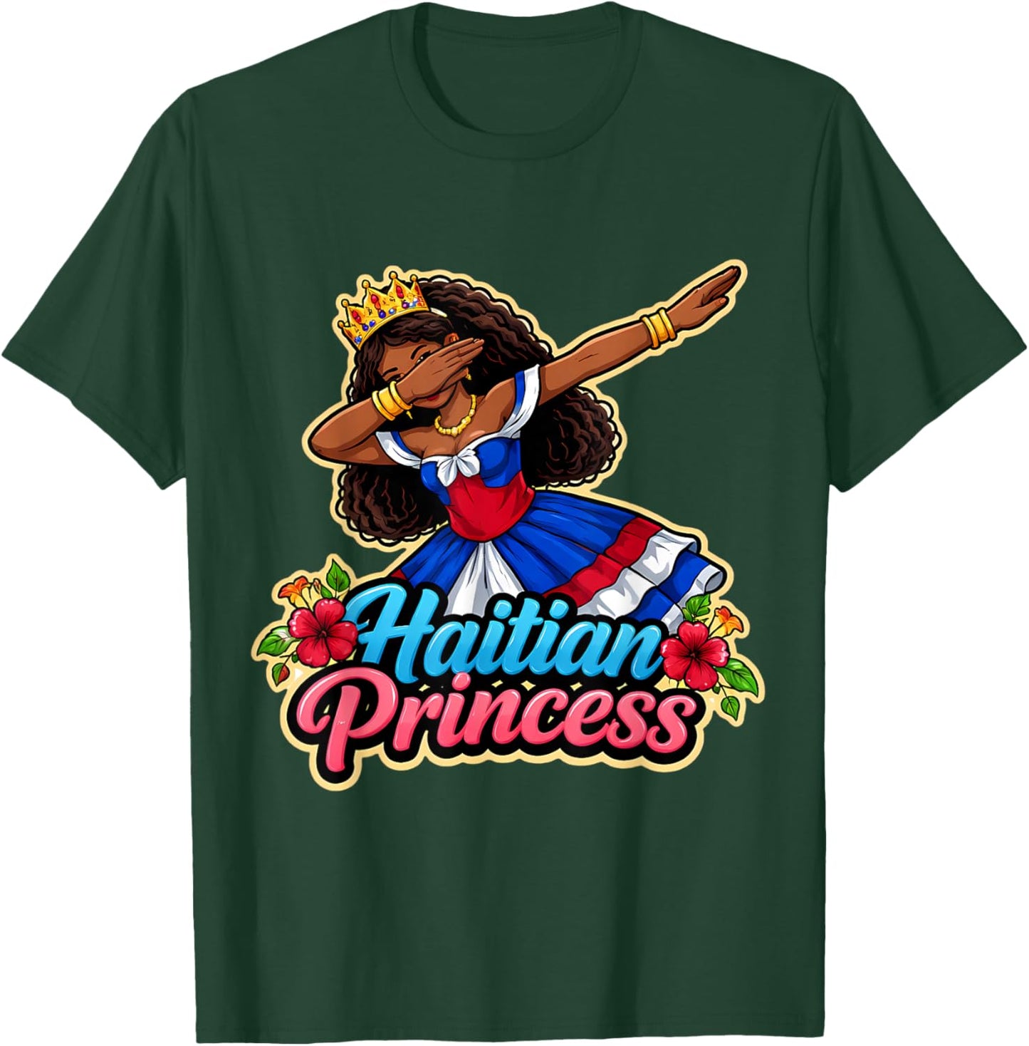 Haitian Princess Girl Haiti Flag Day Proud Woman Cute Floral T-Shirt - T-Shirt | Forest