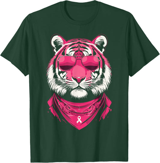 Pink Tiger with Sunglasses Bandana Breast Cancer Awareness T-Shirt - T-Shirt | Forest