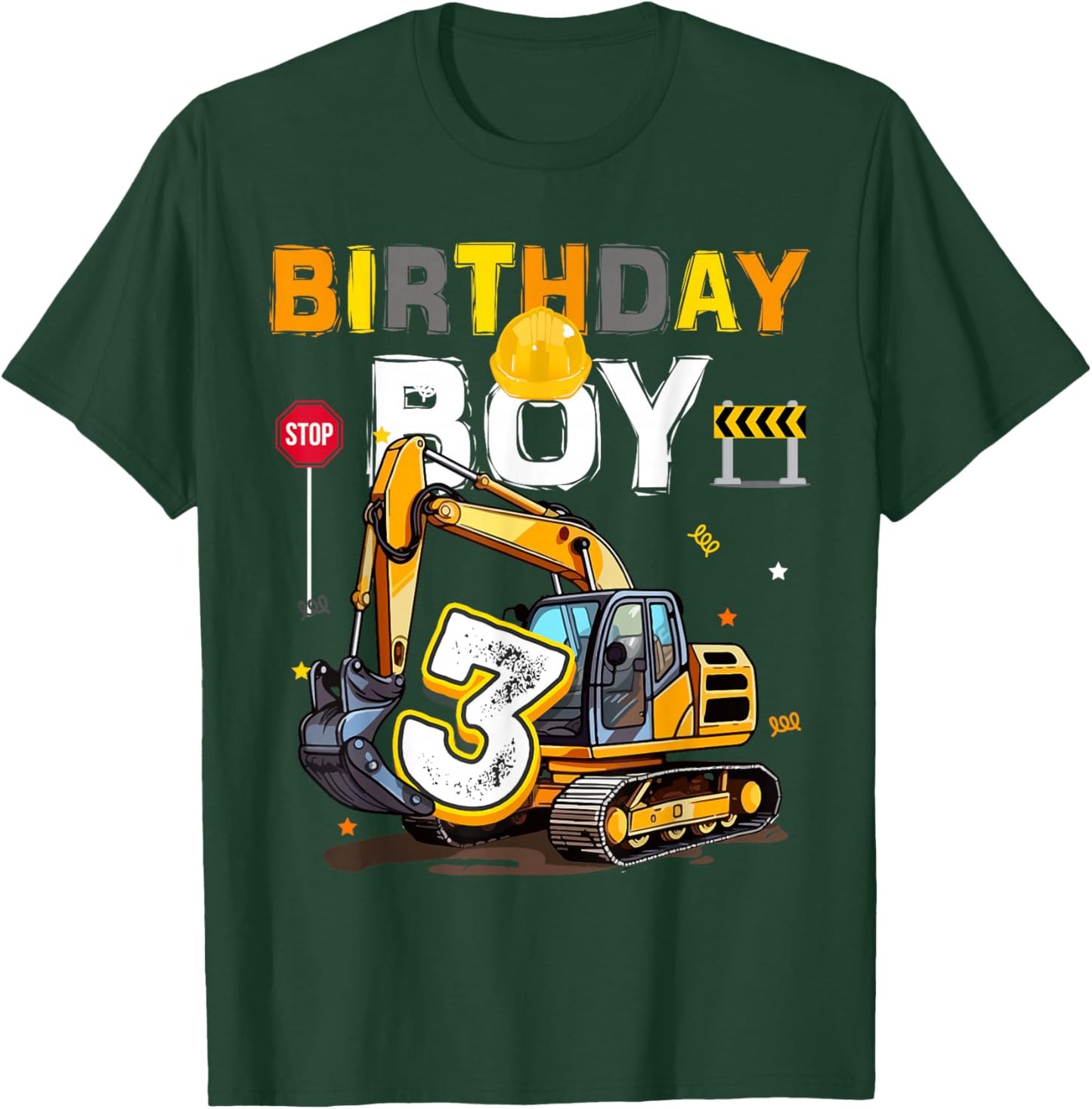3rd Birthday Boy 3 Years Old Excavator Three Decorations T-Shirt - T-Shirt | Forest