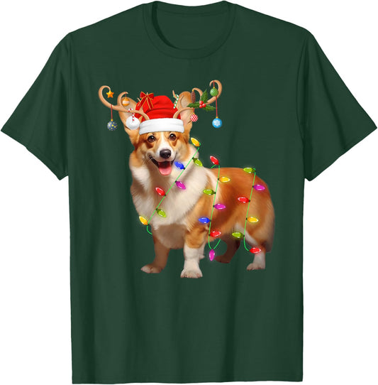 Corgi Dog Xmas Lights Reindeer Santa Corgi Dog Christmas T-Shirt - T-Shirt | Forest