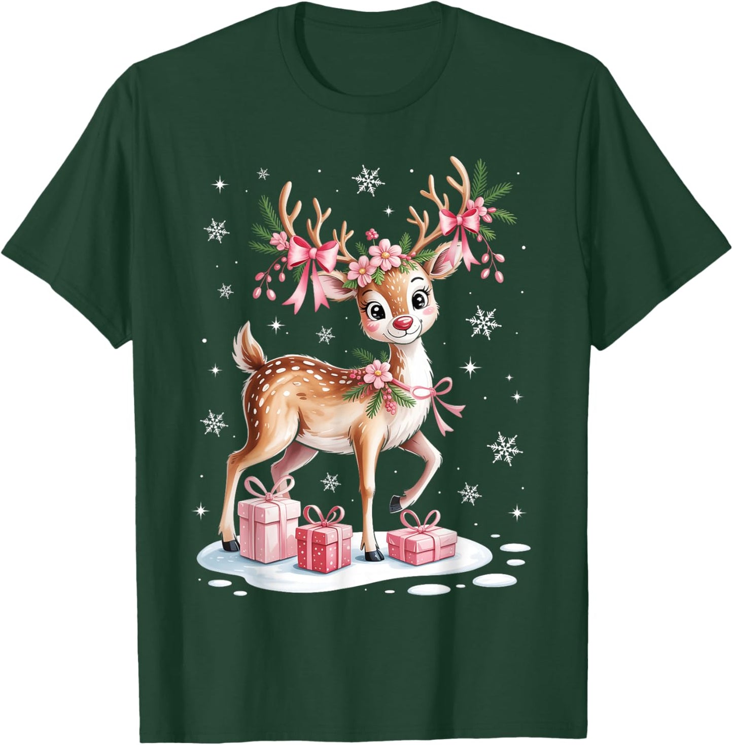 Rudolph Reindeer Coquette Bow Christmas Pajamas Girl Women T-Shirt - T-Shirt | Forest