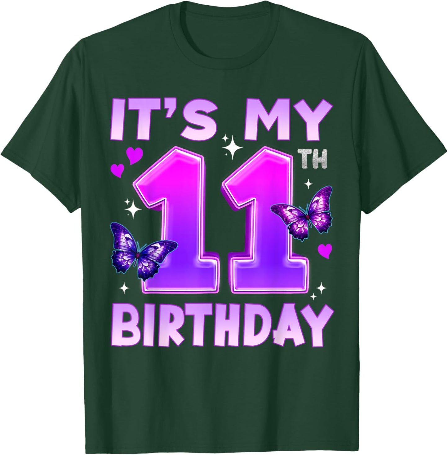 11th Birthday Cute Butterfly Bday 11 Year Old Birthday Girl T-Shirt - T-Shirt | Forest