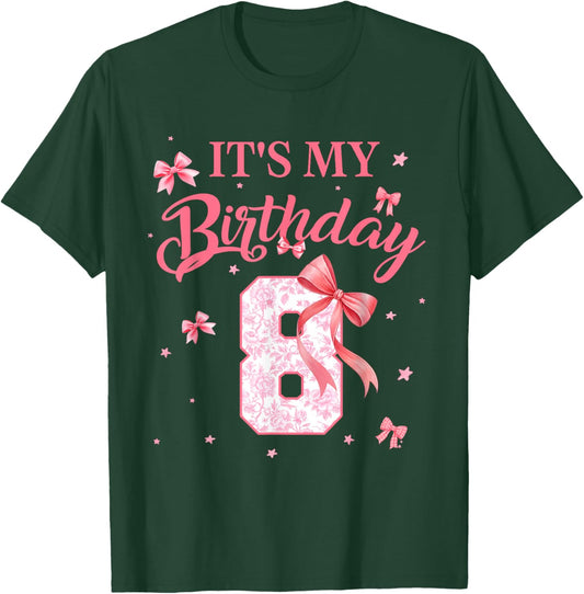 It's My 8th Birthday Girl Floral Coquette Bow 8 Year Old T-Shirt - T-Shirt | Forest