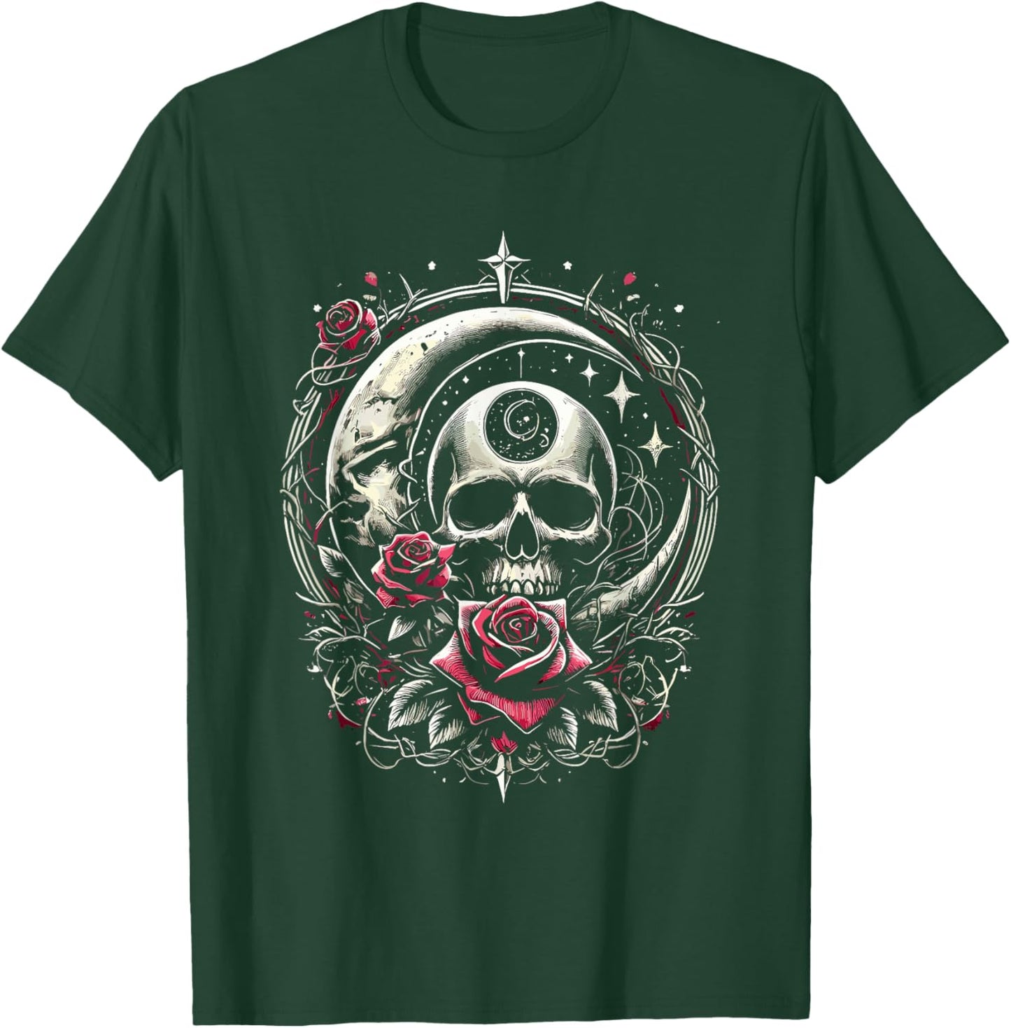 Moon Rose Skull Gothic Illustration Emo Death Metal Punk T-Shirt - T-Shirt | Forest