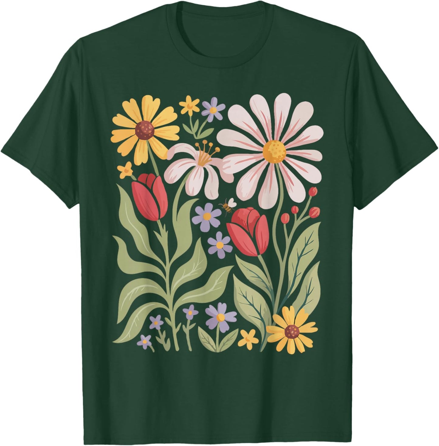 Retro Wildflowers Flowers Pattern Summer Spring Boho Vintage T-Shirt - T-Shirt | Forest