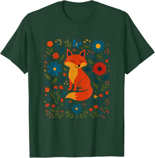 Cute Fox Flowers Cottagecore Aesthetic Kids Graphic T-Shirt - T-Shirt | Forest