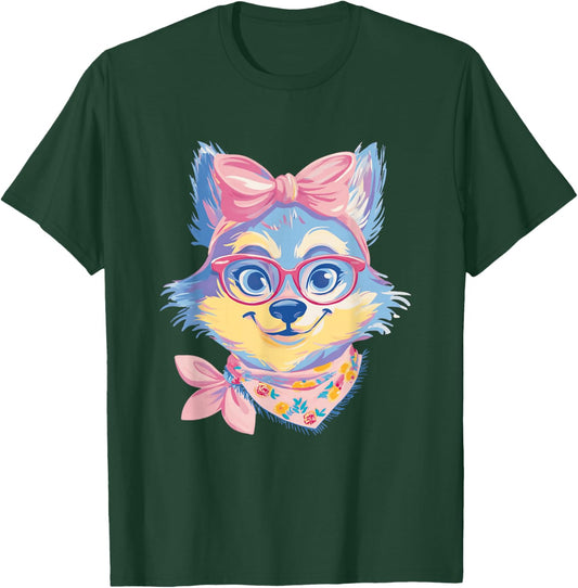 Blue Fox Portrait Animal Lover Graphic Pink Glasses Bow T-Shirt - T-Shirt | Forest