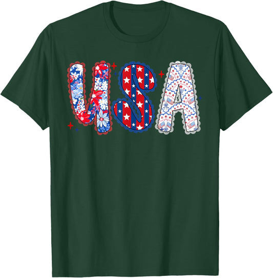 Floral USA Coquette Bow Preppy 4th of July American Flag T-Shirt - T-Shirt | Forest