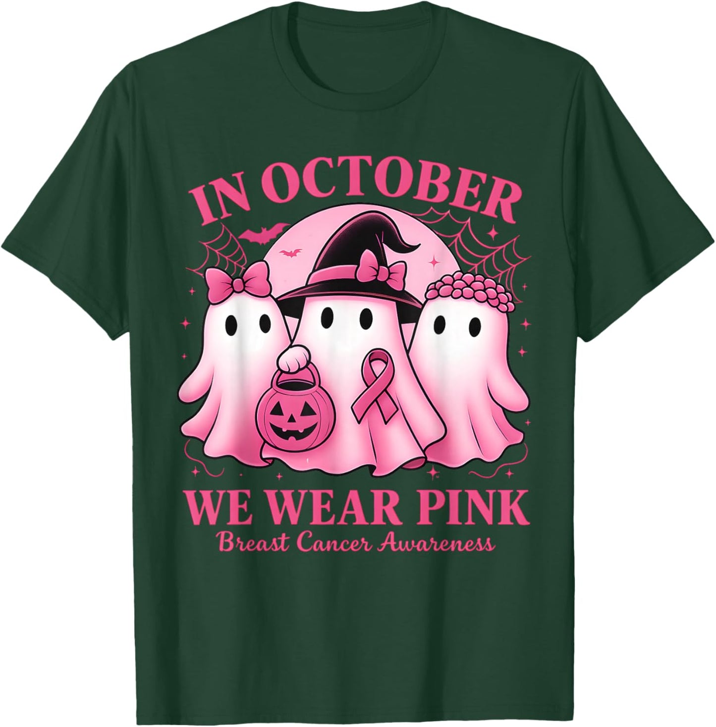 in October We Wear Pink Ghost Halloween Women Breast Cancer T-Shirt - T-Shirt | Forest
