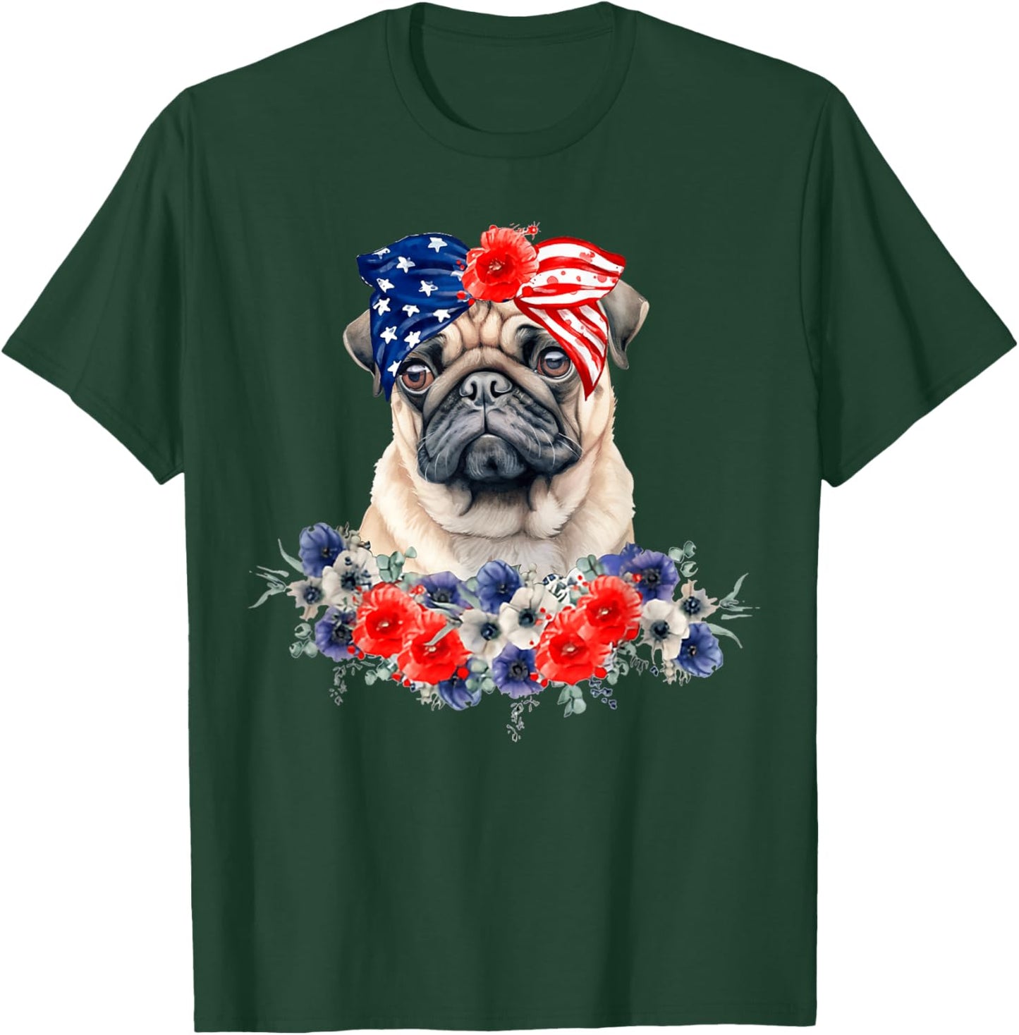 Pug Dog Bandana American Flag 4th Of July Women Kids Men T-Shirt - T-Shirt | Forest