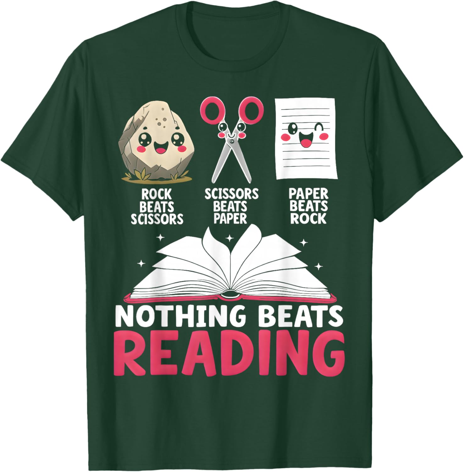 Nothing Beats Reading Rock Paper Scissors Library Book Lover T-Shirt - T-Shirt | Forest