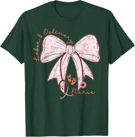 Cute Coquette Bow Labor and Delivery Unit Baby Ob RN Nurse T-Shirt - T-Shirt | Forest