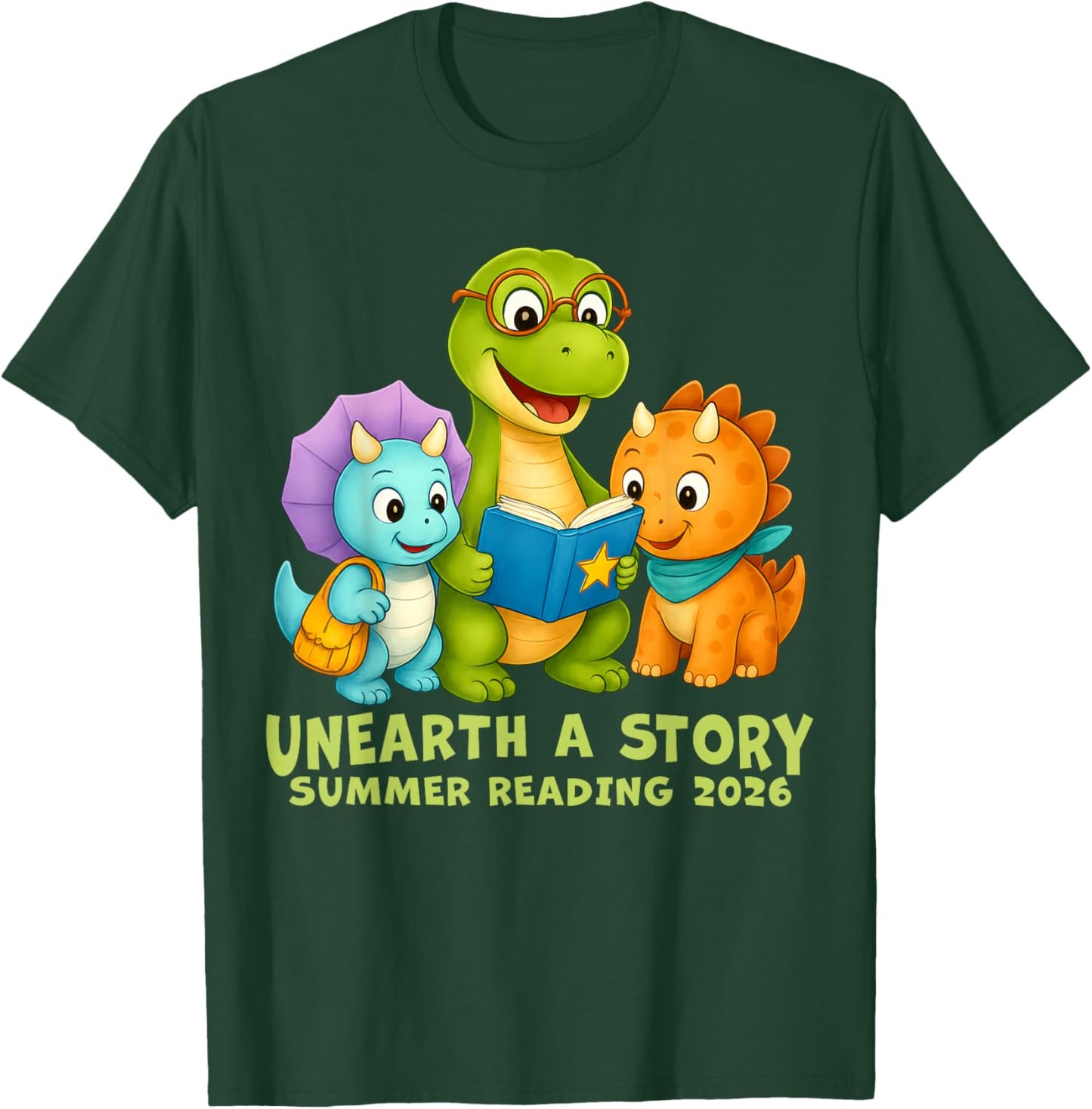 Unearth A Story Summer Reading 2026 Dinosaurs Kids Boy Girl T-Shirt - T-Shirt | Forest