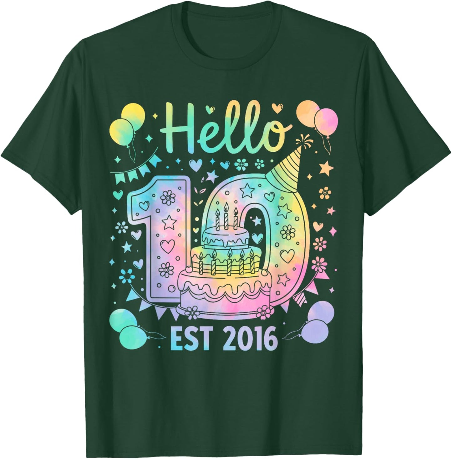 Hello Ten EST 2016 10th Birthday Boys Girls 10 Years Tie Dye T-Shirt - T-Shirt | Forest