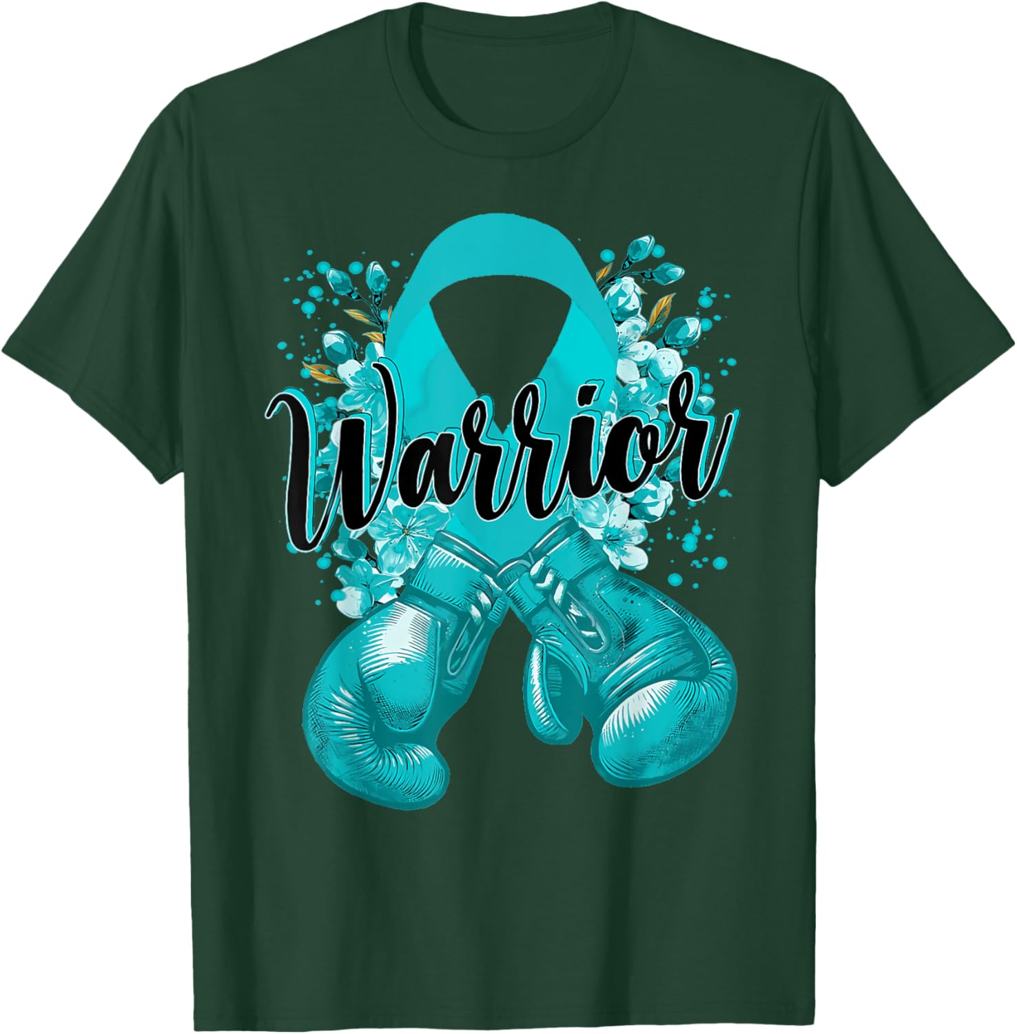 Warrior Boxing Gloves Teal Ribbon Cervical Cancer Awareness T-Shirt - T-Shirt | Forest