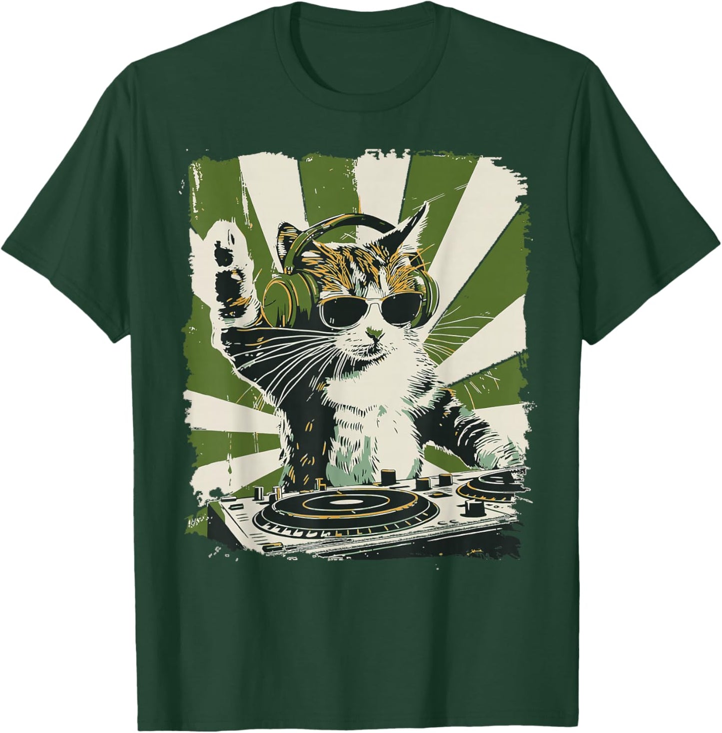 Funny Cat with Headphones & Sunglasses Vintage Art T-Shirt - T-Shirt | Forest
