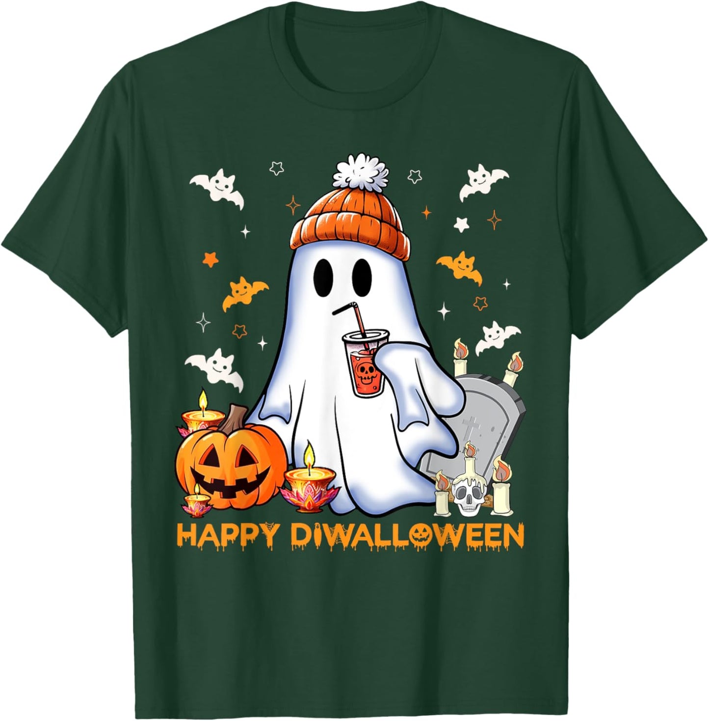 Happy Diwalloween Diwali Halloween Costume Adult Black Small Short Sleeve Modern Mandarin Collar Cartoon Applique Diwali Halloween Fusion T-Shirt - T-Shirt | Forest