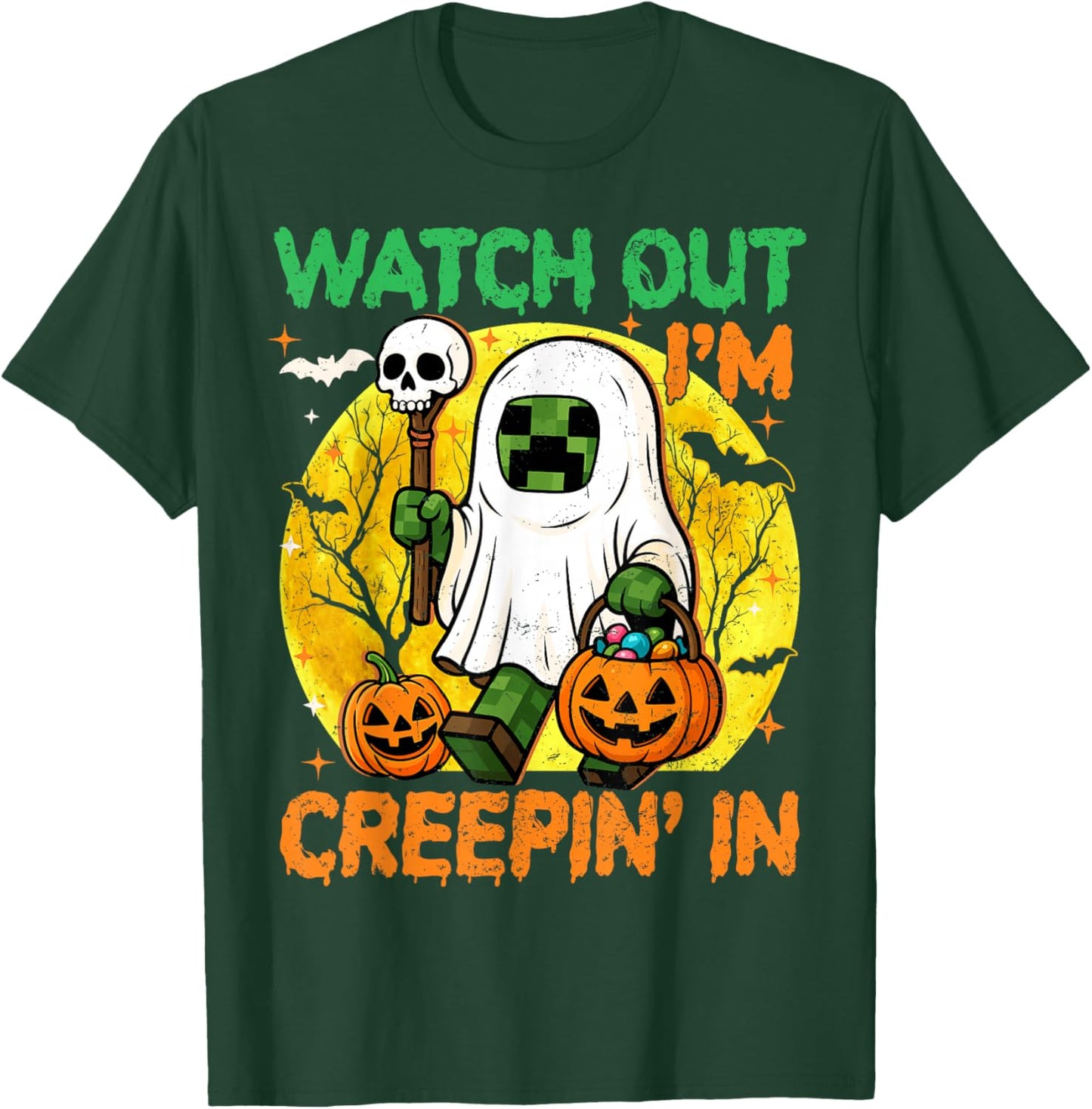 Boys Halloween Shirt Kids Game Pixel Ghost Creepin in Spooky T-Shirt - T-Shirt | Forest