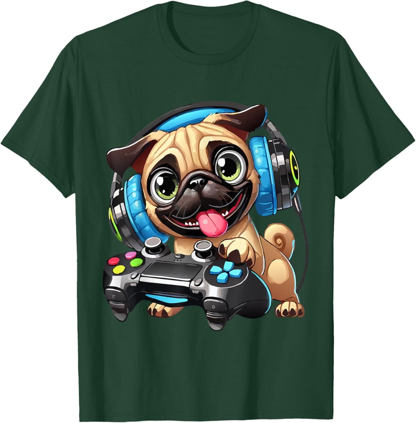 Funny Pug Cute Dog Puppy Playing Gamer Pugs Gaming Lover T-Shirt - T-Shirt | Forest