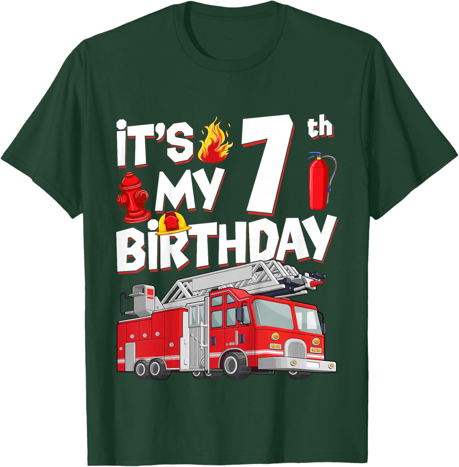7th Birthday Boy Fire Truck 7 Years Old Toddler Firefighter T-Shirt - T-Shirt | Forest