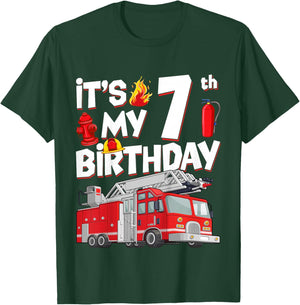 7th Birthday Boy Fire Truck 7 Years Old Toddler Firefighter T-Shirt - T-Shirt | Forest