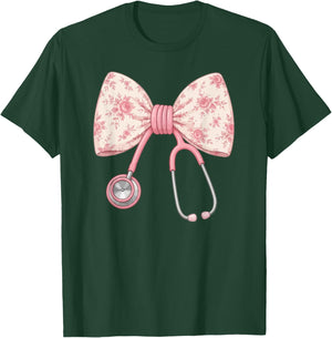 Nurse Bow Stethoscope Coquette Pink Floral Nursing T-Shirt - T-Shirt | Forest