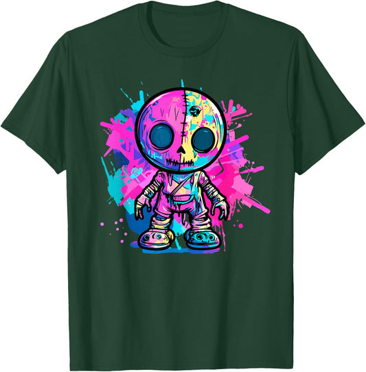 Vibrant Skull Doll Graffiti Style T-Shirt - T-Shirt | Forest