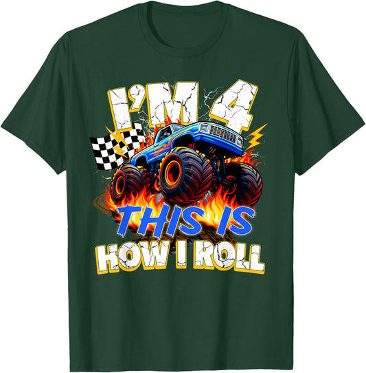 Funny 4 Year Old Birthday Boy Monster Truck 4th Bday Kids T-Shirt - T-Shirt | Forest