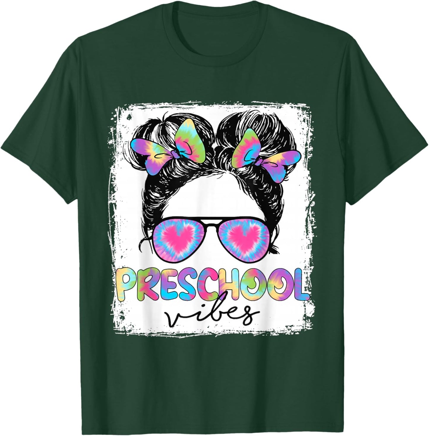 Preschool Vibes Messy Hair Bun Girl Back To School First Day T-Shirt - T-Shirt | Forest